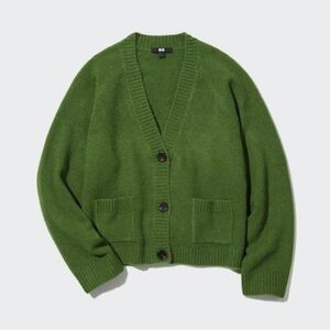 Uniqlo Souffle Yarn Green V Neck Short Cardigan Sweater 100% Wool
